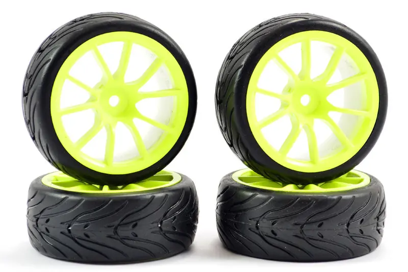1/10Th On Road Street/Tread Tyres 10Sp Neon Yellow Wheels - Set Of 4 1