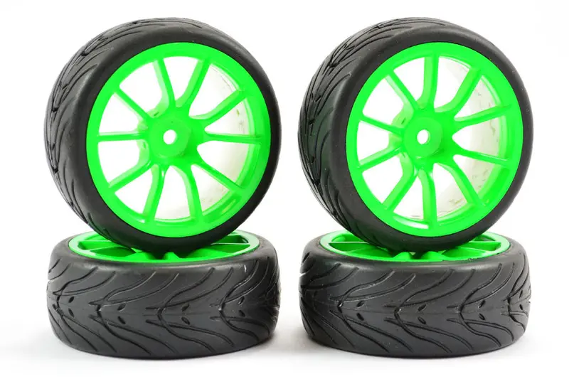1/10Th Street/Tread Tyres 10Sp Neon Green Wheels - Set Of 4 1