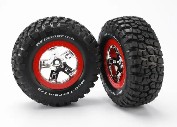 Traxxas Sct Bfg Mud T/A Km2 Tyres On 5-Spoke Chrome Wheel W/ Red Beadlock 2Pcs - 5867 1