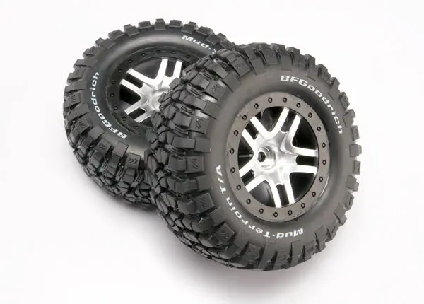 Traxxas Sct Bfg Mud T/A Km2 Tyres On Split Spoke Satin Chrome Wheel W/ Black Beadlock 2Pcs - 5877 1