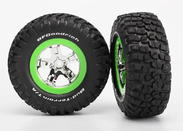 Traxxas Sct Bfgoodrich T/A Km2 Mud Tyres On Chrome Wheels W/ Green Beadlock 2Pcs - 6876 1