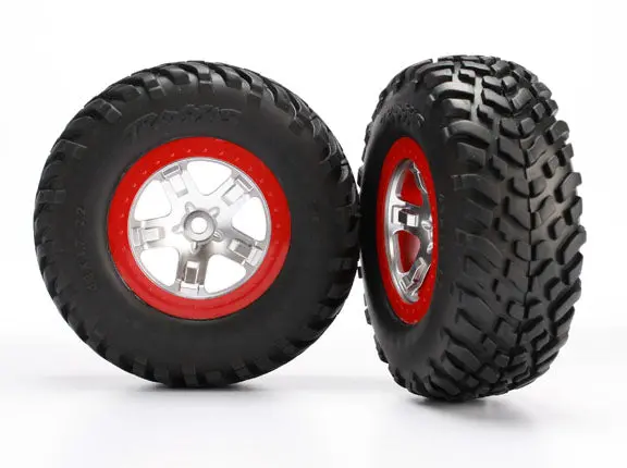 Traxxas Sct S1 Off-Road Racing Tyres On Split Spoke Chrome Wheel W/ Red Beadlock 2Pcs - 5873R 1