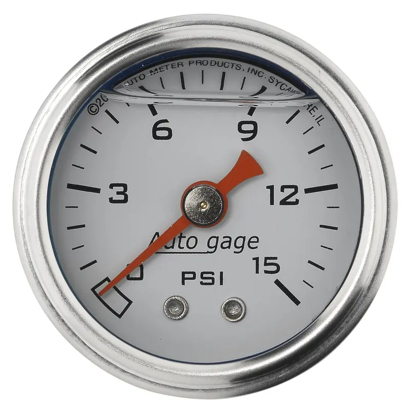 Autometer 2175 1.5-Inch Liquid-Filled Mechanical Pressure Gauge — 15 Psi, Direct Mount, White Dial, 1/8" Nptf 1